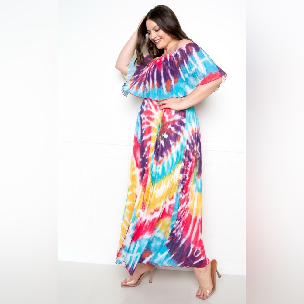 Tie dye off shoulder pleated maxi dress women’s plus size top seller